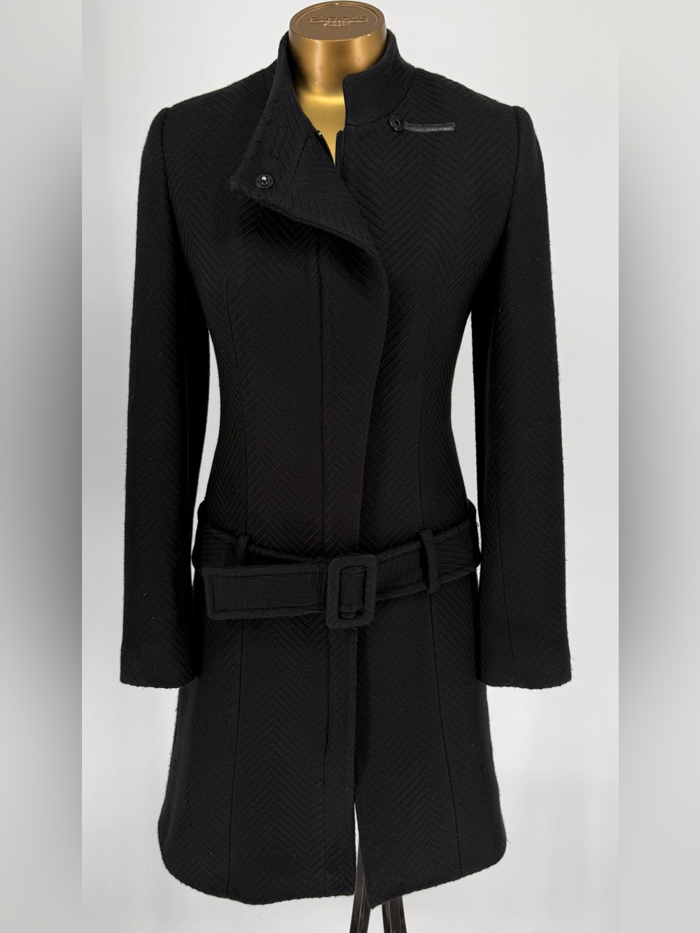 Yvetta Wiland Womens Black Herringbone Tailored Belted Coat Size US 4-6